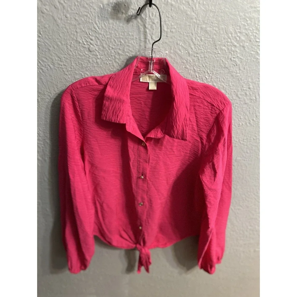 Michael Kors Women Hot Pink Tie Front Button up Long Sleeve Shirt‎ Size Medium